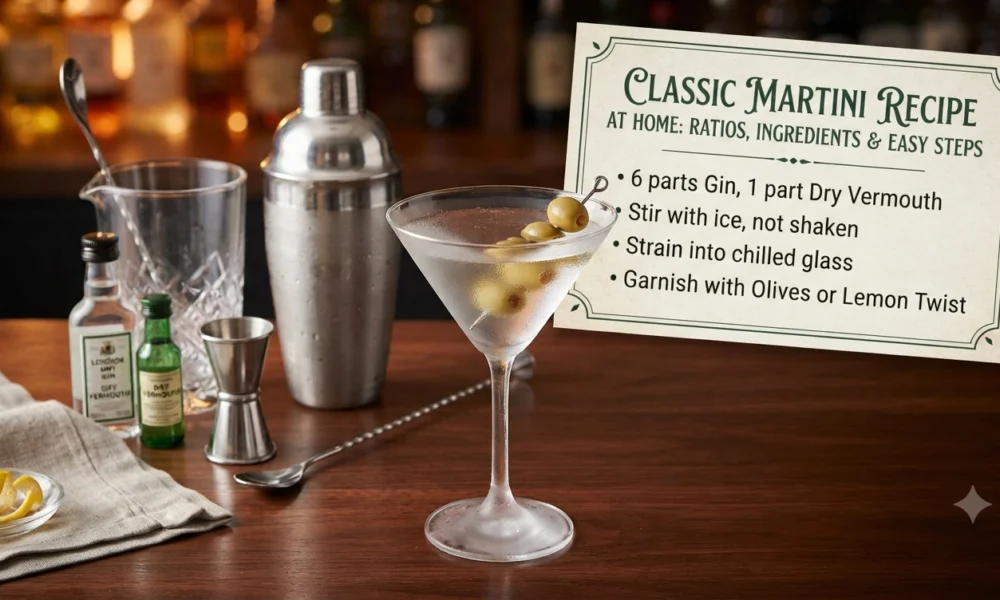 Classic Martini Recipe at Home Ratios, Ingredients and Easy Steps.
