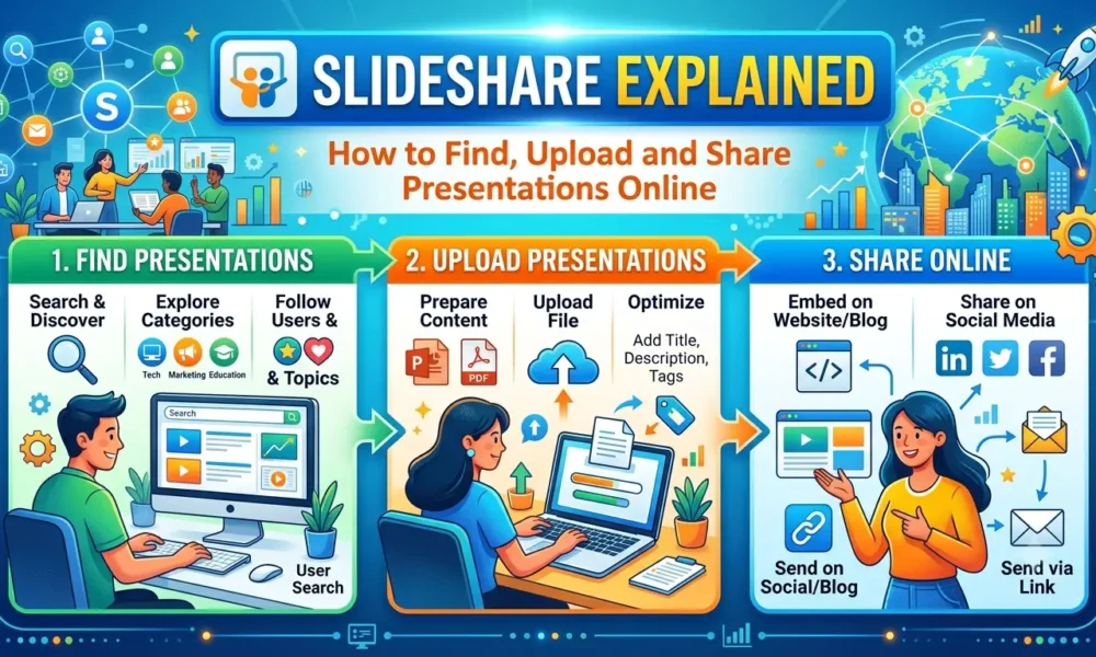 SlideShare Explained How to Find, Upload and Share Presentations Online.